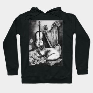 MUSICAL CAT AND OWL WITH MUSIC INSTRUMENTS In Black White Hoodie